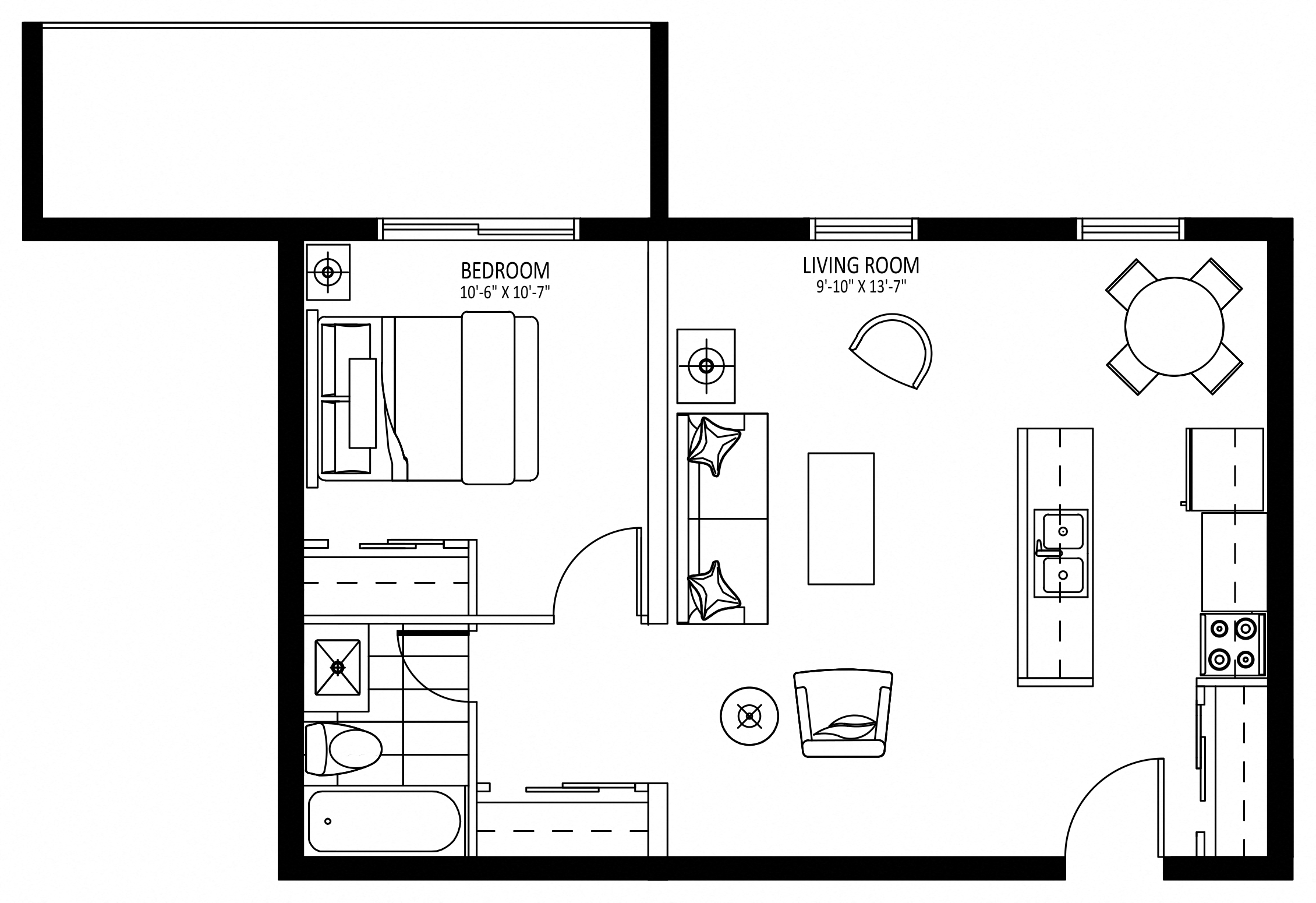 Floor plan for 1 bed, 1 bath, 625 sqft